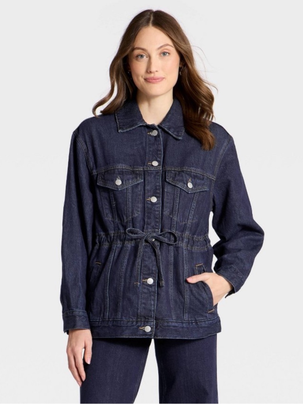 Universal Thread™ Women's Cinched Waist Trucker Denim Jacket - Dark Wash - M - Picture 1 of 10